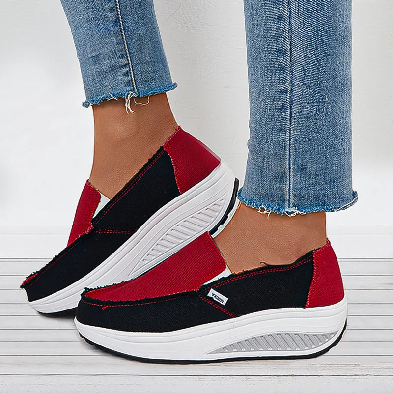 Sohiwoo  Women Retro Canvas Sneakers Platform Slip On Wedge Athletic Shoes