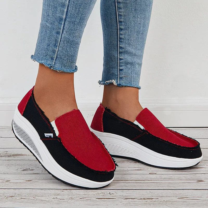 Sohiwoo  Women Retro Canvas Sneakers Platform Slip On Wedge Athletic Shoes