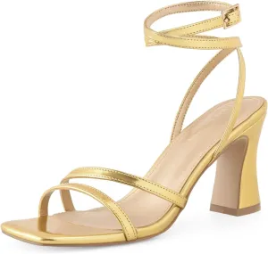 Strappy Heels for Women Chunky Block High Heels Square Toe Ankle Buckle Sandals wedding dress shoes