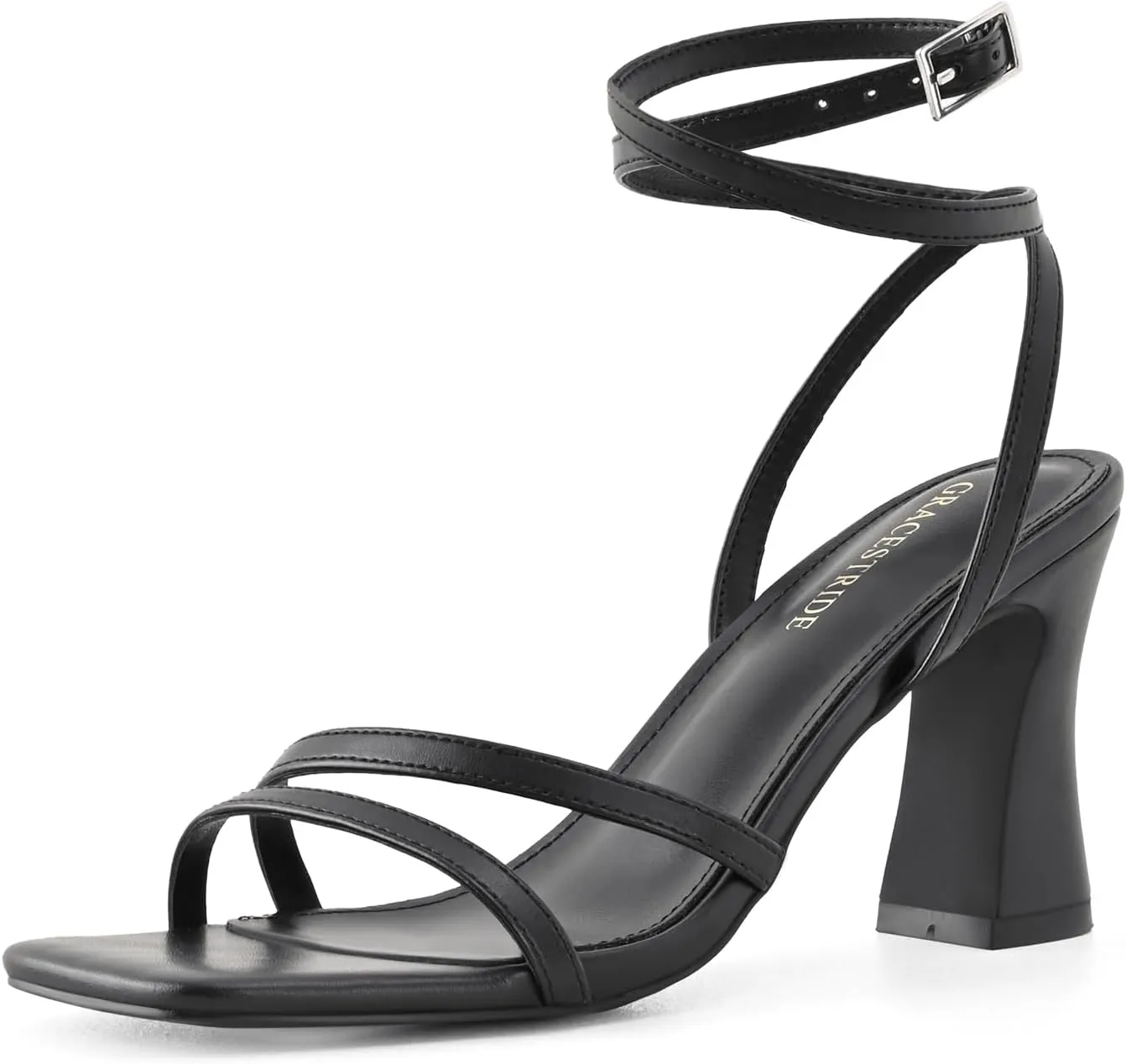 Strappy Heels for Women Chunky Block High Heels Square Toe Ankle Buckle Sandals wedding dress shoes