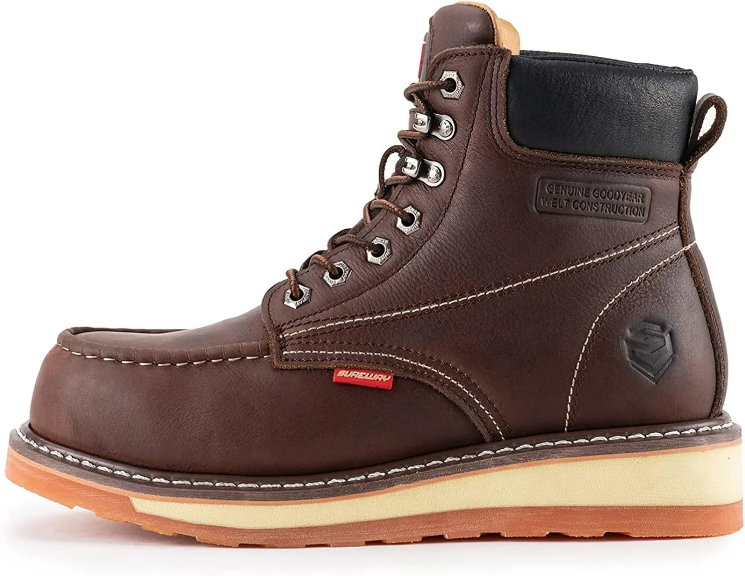 SUREWAY 6 Mens Heavy Duty Steel/Composite/Soft Toe Work Boots for Men,Comfortable & Durable,Goodyear Welt,Full Grain Leather,Oil/Slip Resistant,Wedge Moc Toe Industrial Construction Boots/Shoes