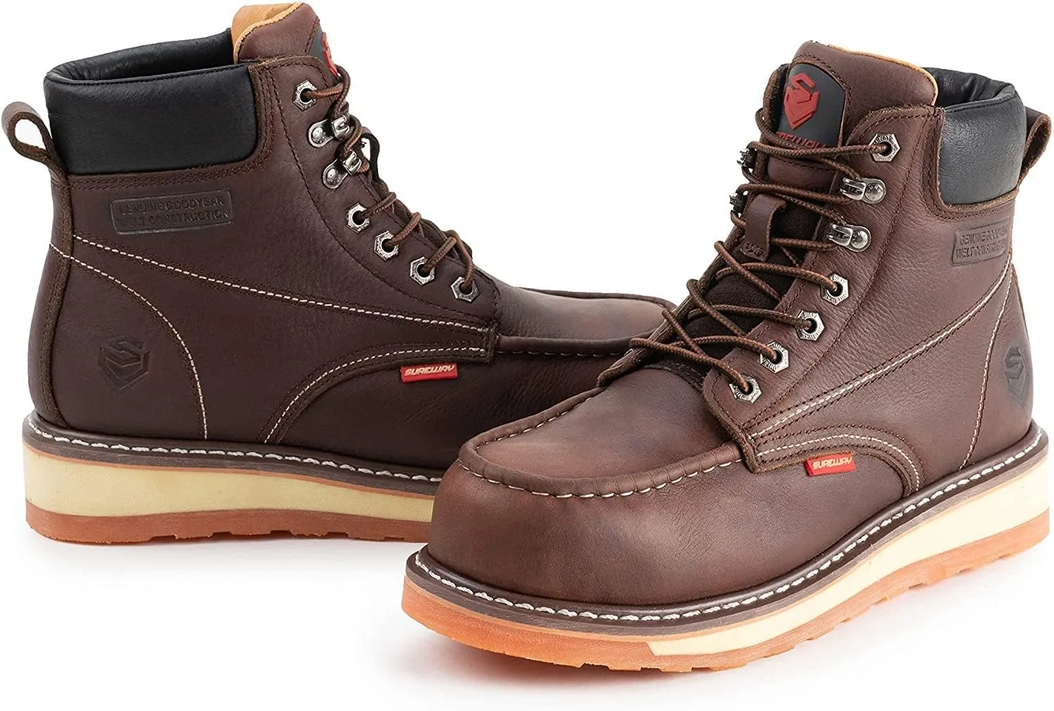 SUREWAY 6 Mens Heavy Duty Steel/Composite/Soft Toe Work Boots for Men,Comfortable & Durable,Goodyear Welt,Full Grain Leather,Oil/Slip Resistant,Wedge Moc Toe Industrial Construction Boots/Shoes