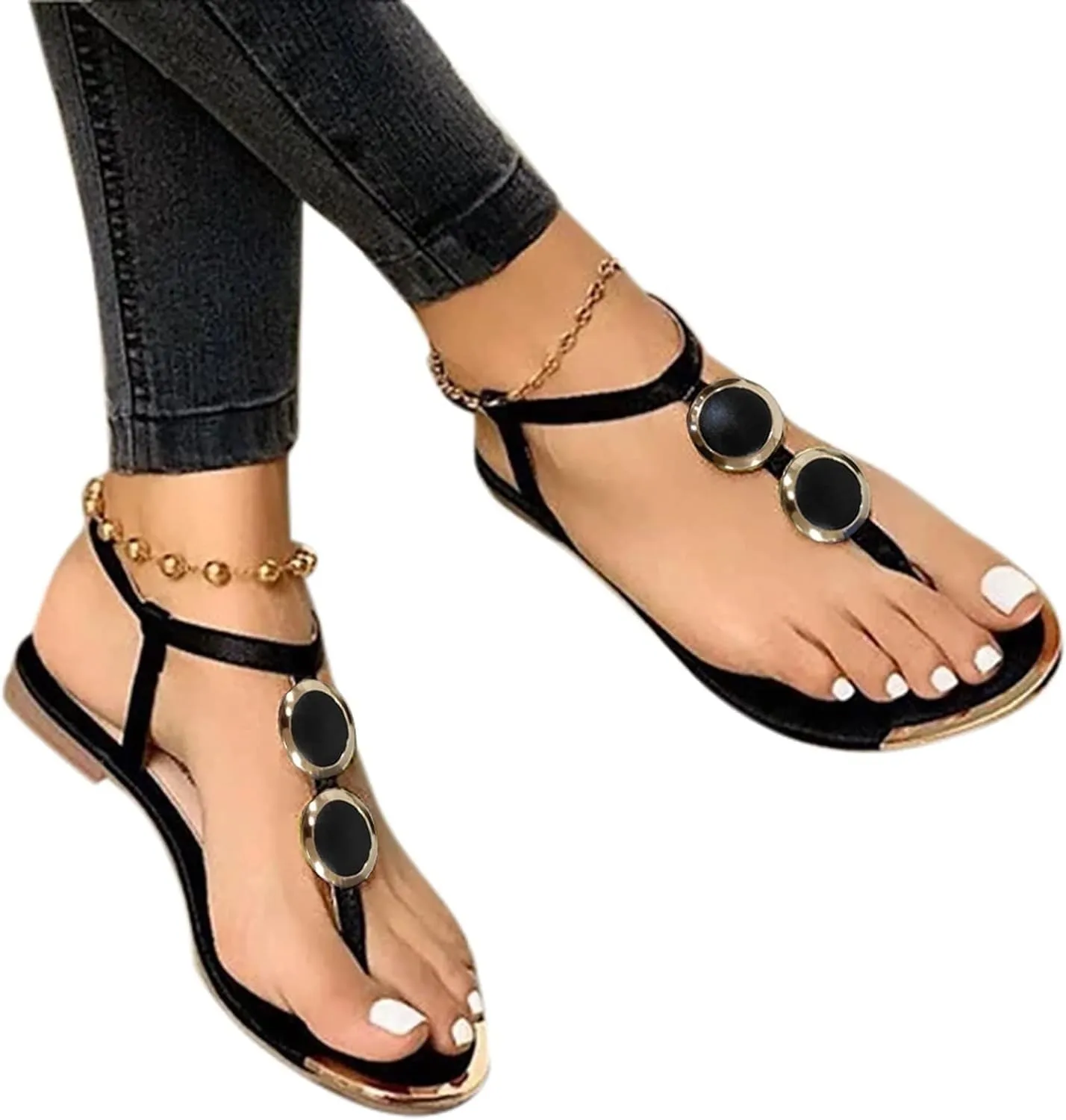 T Strap Sandals for Women,Thong Sandals for Women 2025,Adjustable Ankle Buckle for Summer Beach Sandals,Leather Strappy Slip on Summer Shoes,Flip Flops T Strap Dress Sandals