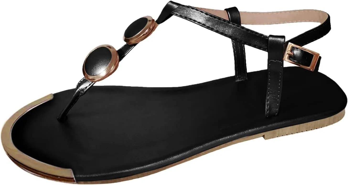 T Strap Sandals for Women,Thong Sandals for Women 2025,Adjustable Ankle Buckle for Summer Beach Sandals,Leather Strappy Slip on Summer Shoes,Flip Flops T Strap Dress Sandals