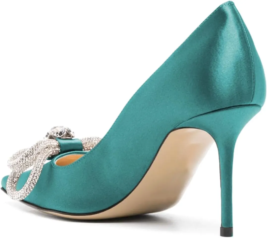 Tang'scuisins Rhinestone Bow Knot Stiletto High Heels Pumps Closed Pointed Toe Slip On Chic Party Dress Evening Shoes Size 4-16 US