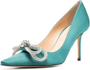 Tang'scuisins Rhinestone Bow Knot Stiletto High Heels Pumps Closed Pointed Toe Slip On Chic Party Dress Evening Shoes Size 4-16 US