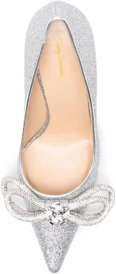 Tang'scuisins Rhinestone Bow Knot Stiletto High Heels Pumps Closed Pointed Toe Slip On Chic Party Dress Evening Shoes Size 4-16 US