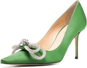 Tang'scuisins Rhinestone Bow Knot Stiletto High Heels Pumps Closed Pointed Toe Slip On Chic Party Dress Evening Shoes Size 4-16 US