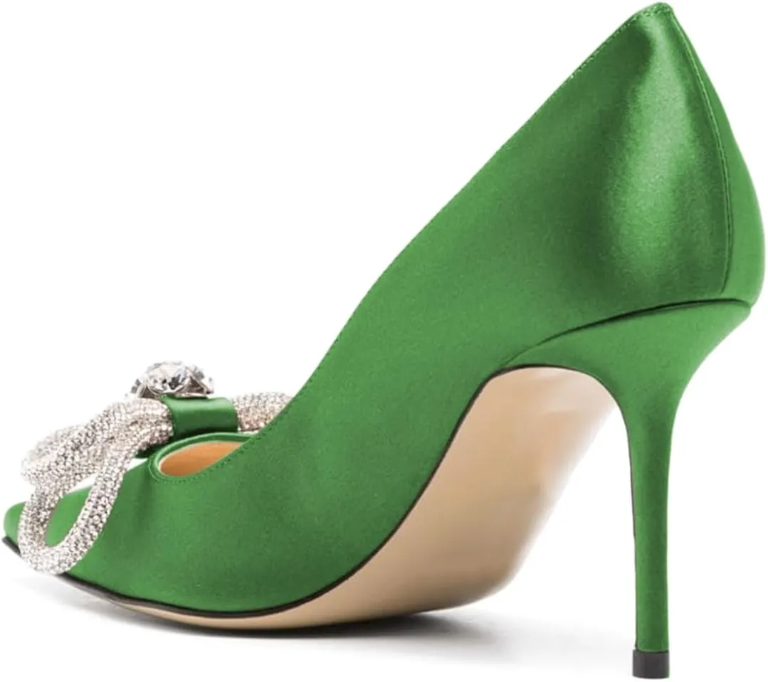 Tang'scuisins Rhinestone Bow Knot Stiletto High Heels Pumps Closed Pointed Toe Slip On Chic Party Dress Evening Shoes Size 4-16 US