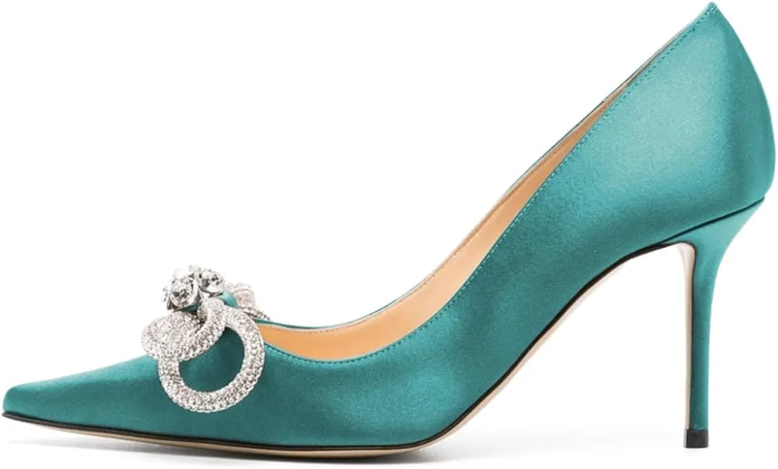 Tang'scuisins Rhinestone Bow Knot Stiletto High Heels Pumps Closed Pointed Toe Slip On Chic Party Dress Evening Shoes Size 4-16 US