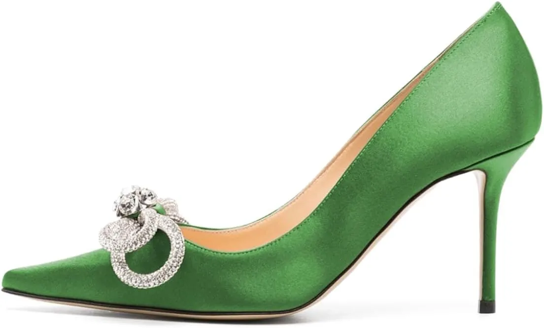 Tang'scuisins Rhinestone Bow Knot Stiletto High Heels Pumps Closed Pointed Toe Slip On Chic Party Dress Evening Shoes Size 4-16 US