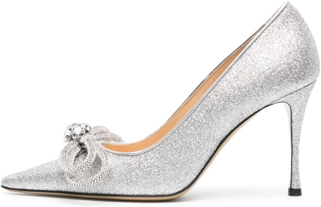 Tang'scuisins Rhinestone Bow Knot Stiletto High Heels Pumps Closed Pointed Toe Slip On Chic Party Dress Evening Shoes Size 4-16 US