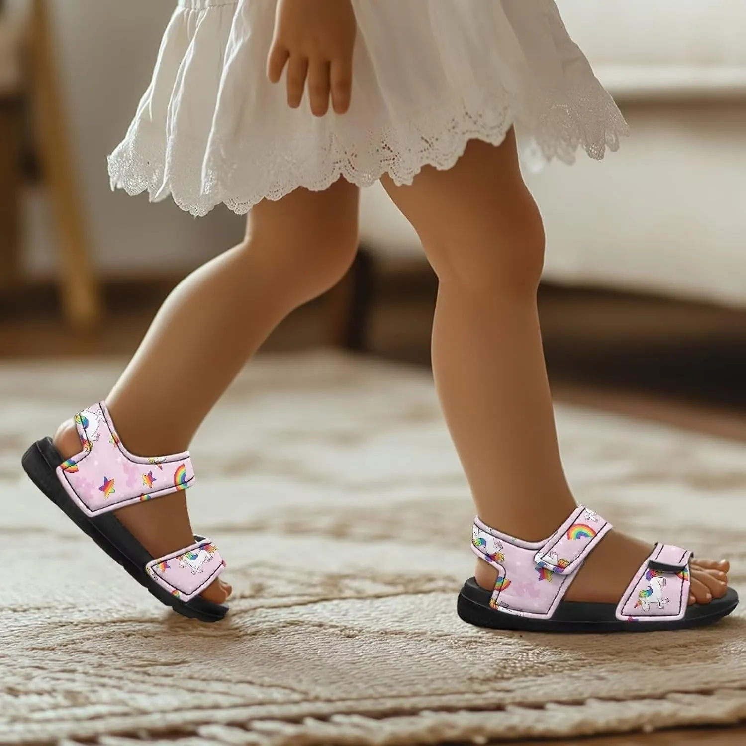 Toddler Girls' Double Hook and Loop Sandals with Print, Anti-Slip, Comfort, Stable for Learning Walking, Beach