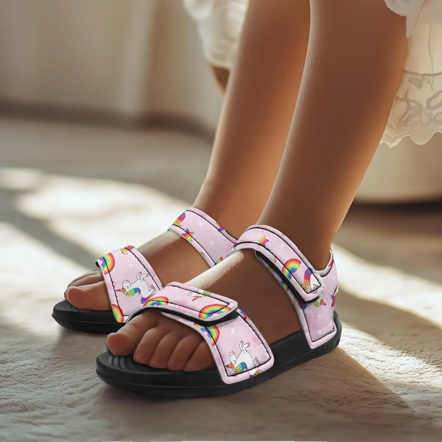 Toddler Girls' Double Hook and Loop Sandals with Print, Anti-Slip, Comfort, Stable for Learning Walking, Beach