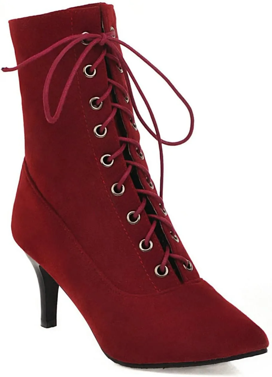 UniqueStride Womens Lace up Stiletto High Heel Ankle Boots Pointed Toe Faux Suede Retro Ankle Booties