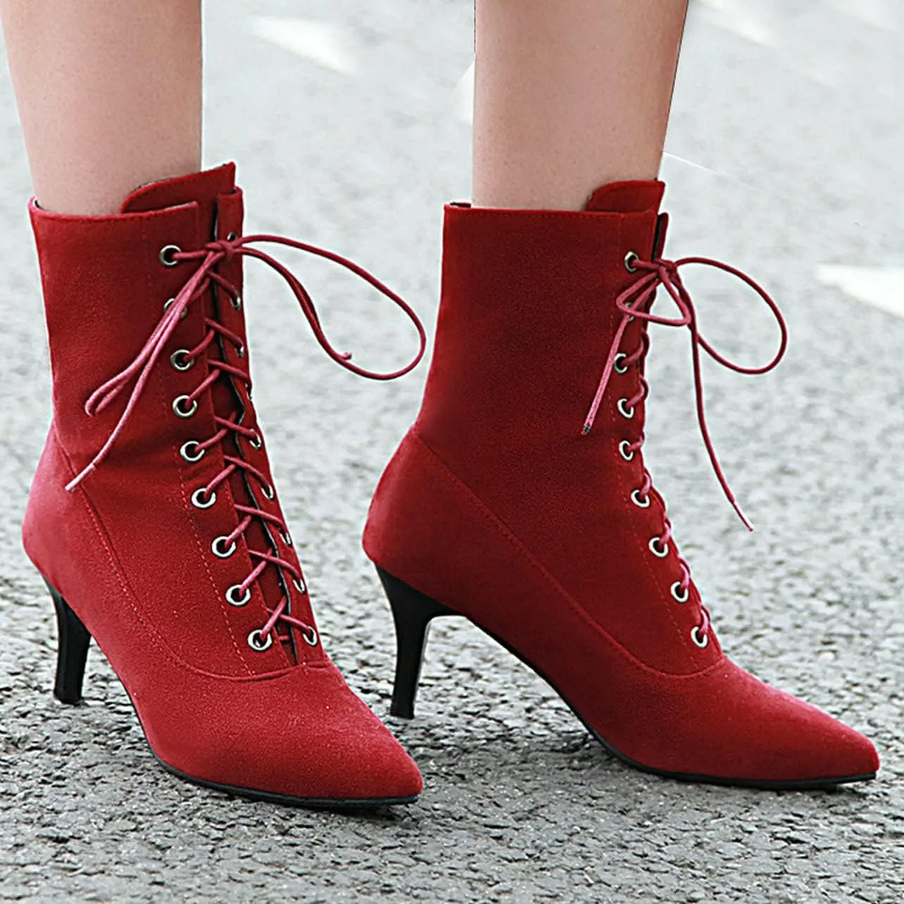 UniqueStride Womens Lace up Stiletto High Heel Ankle Boots Pointed Toe Faux Suede Retro Ankle Booties