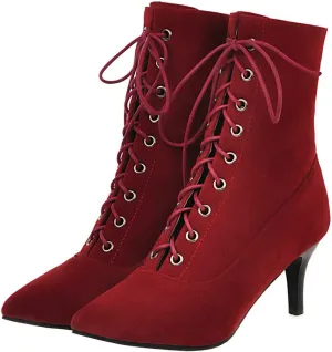 UniqueStride Womens Lace up Stiletto High Heel Ankle Boots Pointed Toe Faux Suede Retro Ankle Booties