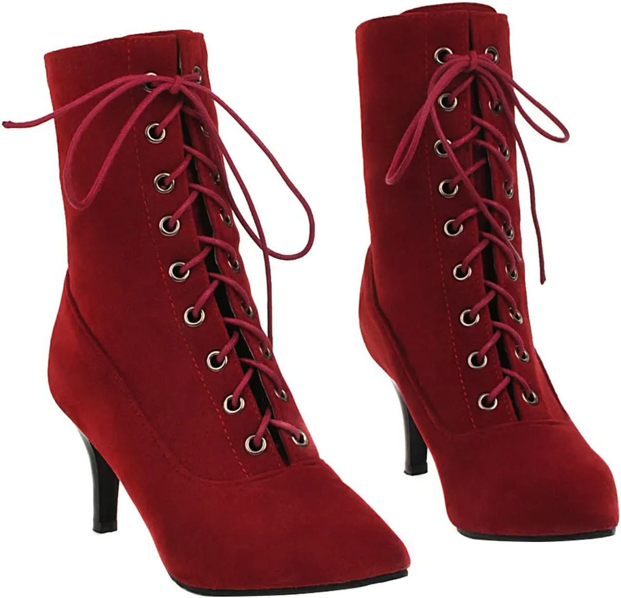 UniqueStride Womens Lace up Stiletto High Heel Ankle Boots Pointed Toe Faux Suede Retro Ankle Booties