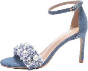 WENOREG Women's Rhinestones Pearl Open Toe Ankle Strap Stiletto Sandals,Summer Adjustable Ankle Strap Denim High Heels Bride Wedding Party Dress Shoes