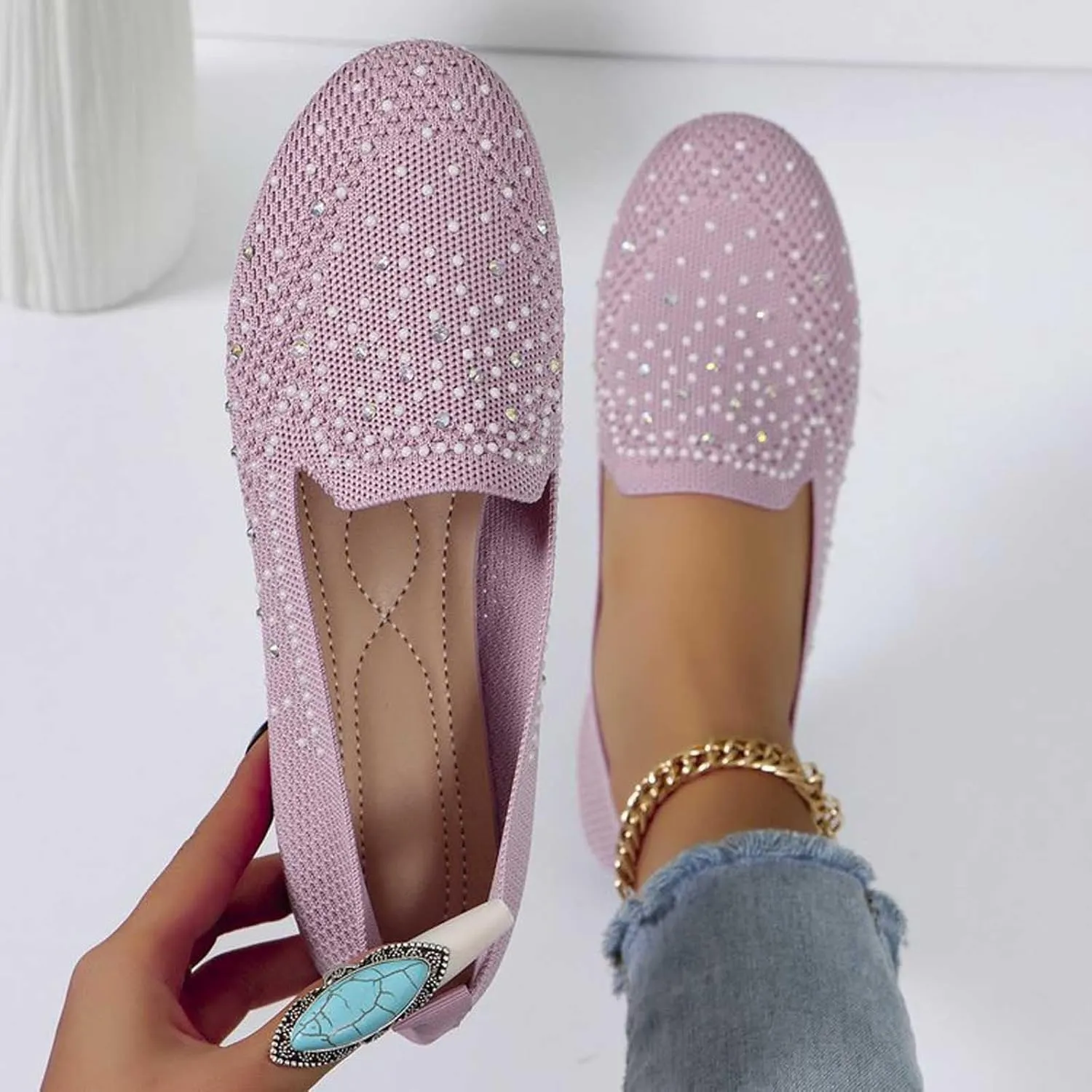 Women's Ballet Flats Stretchy Knit Round Toe Slip On Dress Shoes for Office Casual Wear Soft Breathable Walking Flats Shoes Foldable Design
