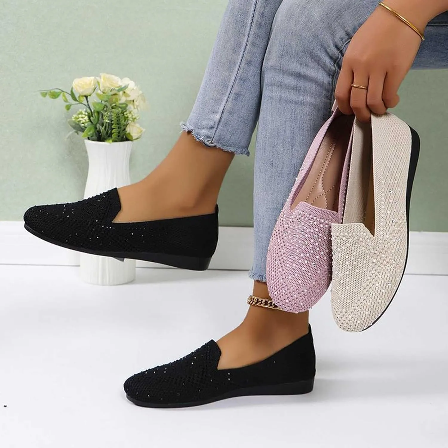 Women's Ballet Flats Stretchy Knit Round Toe Slip On Dress Shoes for Office Casual Wear Soft Breathable Walking Flats Shoes Foldable Design