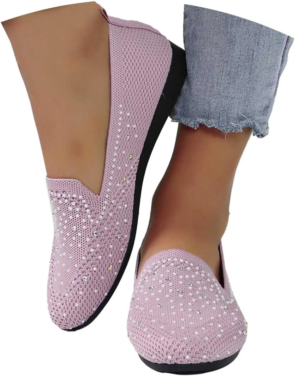 Women's Ballet Flats Stretchy Knit Round Toe Slip On Dress Shoes for Office Casual Wear Soft Breathable Walking Flats Shoes Foldable Design