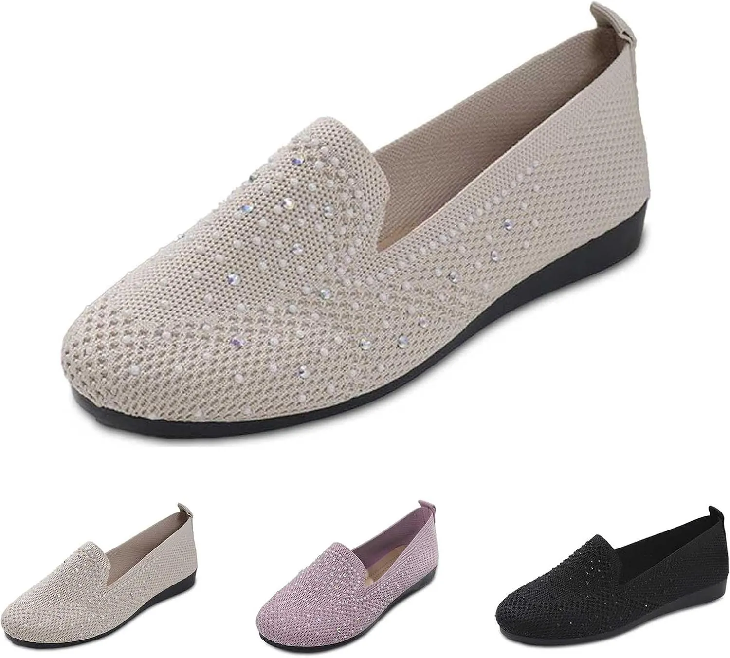 Women's Ballet Flats Stretchy Knit Round Toe Slip On Dress Shoes for Office Casual Wear Soft Breathable Walking Flats Shoes Foldable Design
