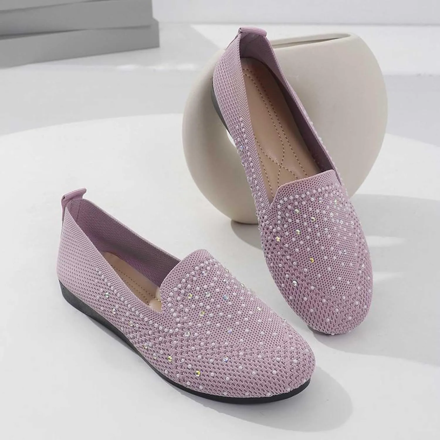Women's Ballet Flats Stretchy Knit Round Toe Slip On Dress Shoes for Office Casual Wear Soft Breathable Walking Flats Shoes Foldable Design