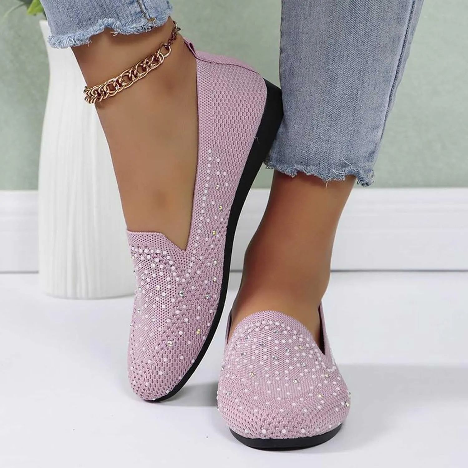 Women's Ballet Flats Stretchy Knit Round Toe Slip On Dress Shoes for Office Casual Wear Soft Breathable Walking Flats Shoes Foldable Design