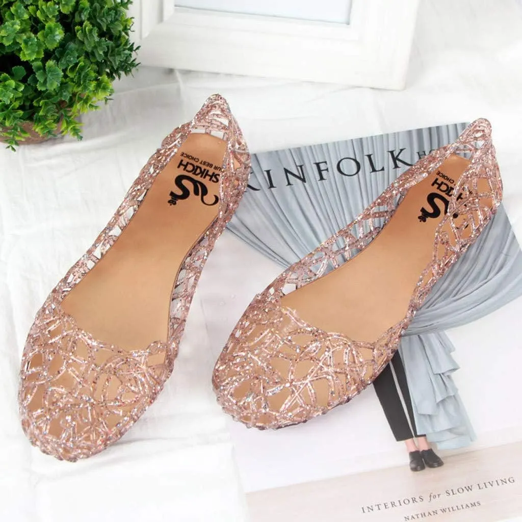 Women's Cut Out Flats Round Toe Slip On Shiny Dress Shoes Soft Comfortable Summer Outdoor Breathable Beach Walking Shoes