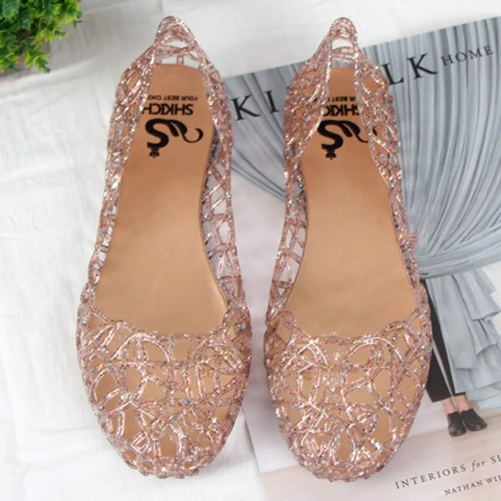 Women's Cut Out Flats Round Toe Slip On Shiny Dress Shoes Soft Comfortable Summer Outdoor Breathable Beach Walking Shoes