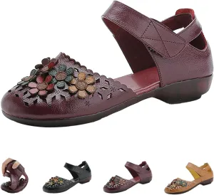 Women's Leather Closed Toe Sandals,Vintage Handmade Sunflower Cut-Out Comfy Softsole Adjustable Casual Dress Sandal