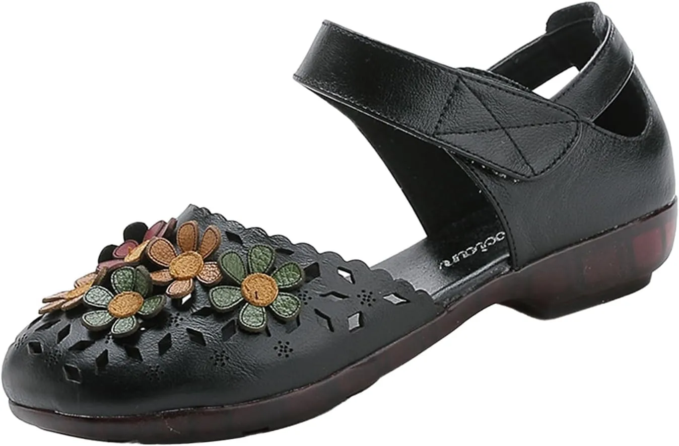 Women's Leather Closed Toe Sandals,Vintage Handmade Sunflower Cut-Out Comfy Softsole Adjustable Casual Dress Sandal