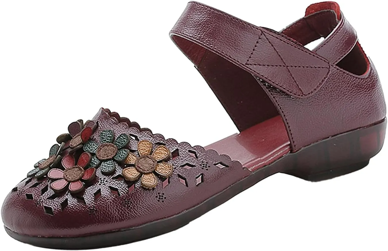 Women's Leather Closed Toe Sandals,Vintage Handmade Sunflower Cut-Out Comfy Softsole Adjustable Casual Dress Sandal