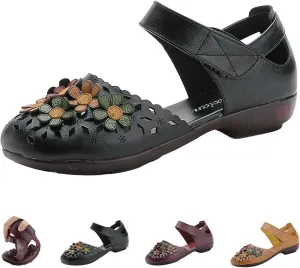 Women's Leather Closed Toe Sandals,Vintage Handmade Sunflower Cut-Out Comfy Softsole Adjustable Casual Dress Sandal