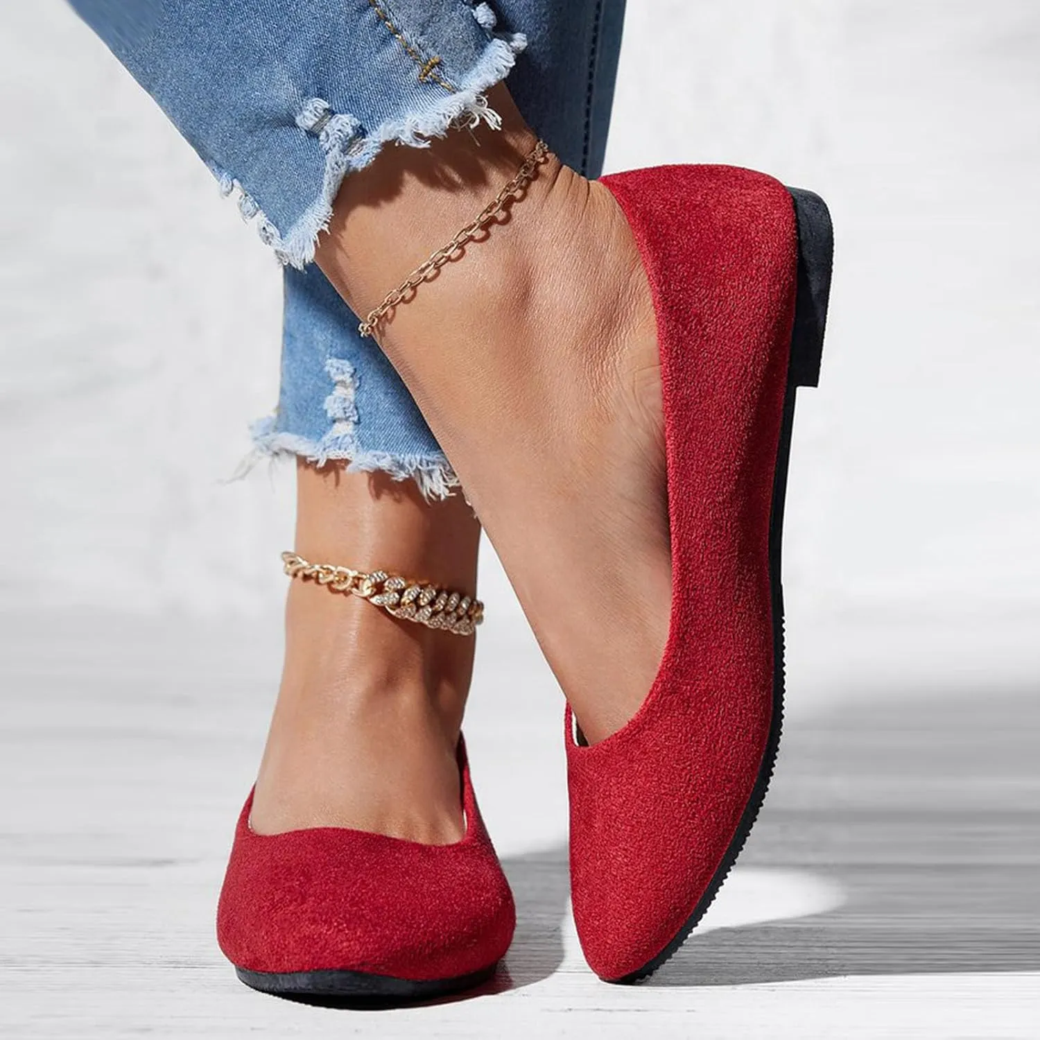 Women's Low Wedge Ballet Shoe Round Toe Suede Slip on Flats Soft-soled Solid Comfy Sandals Ballerina Shoes for Summer