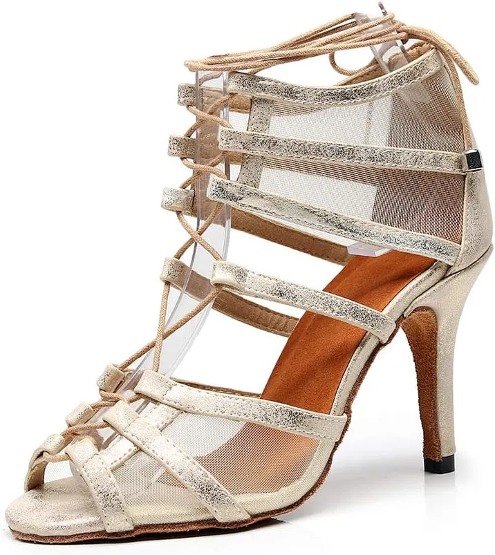 Women's Open Toe Latin Ballroom Ankle Dance Shoes Lace up Salsa Tango Performance Dancing Boots,Model-1006