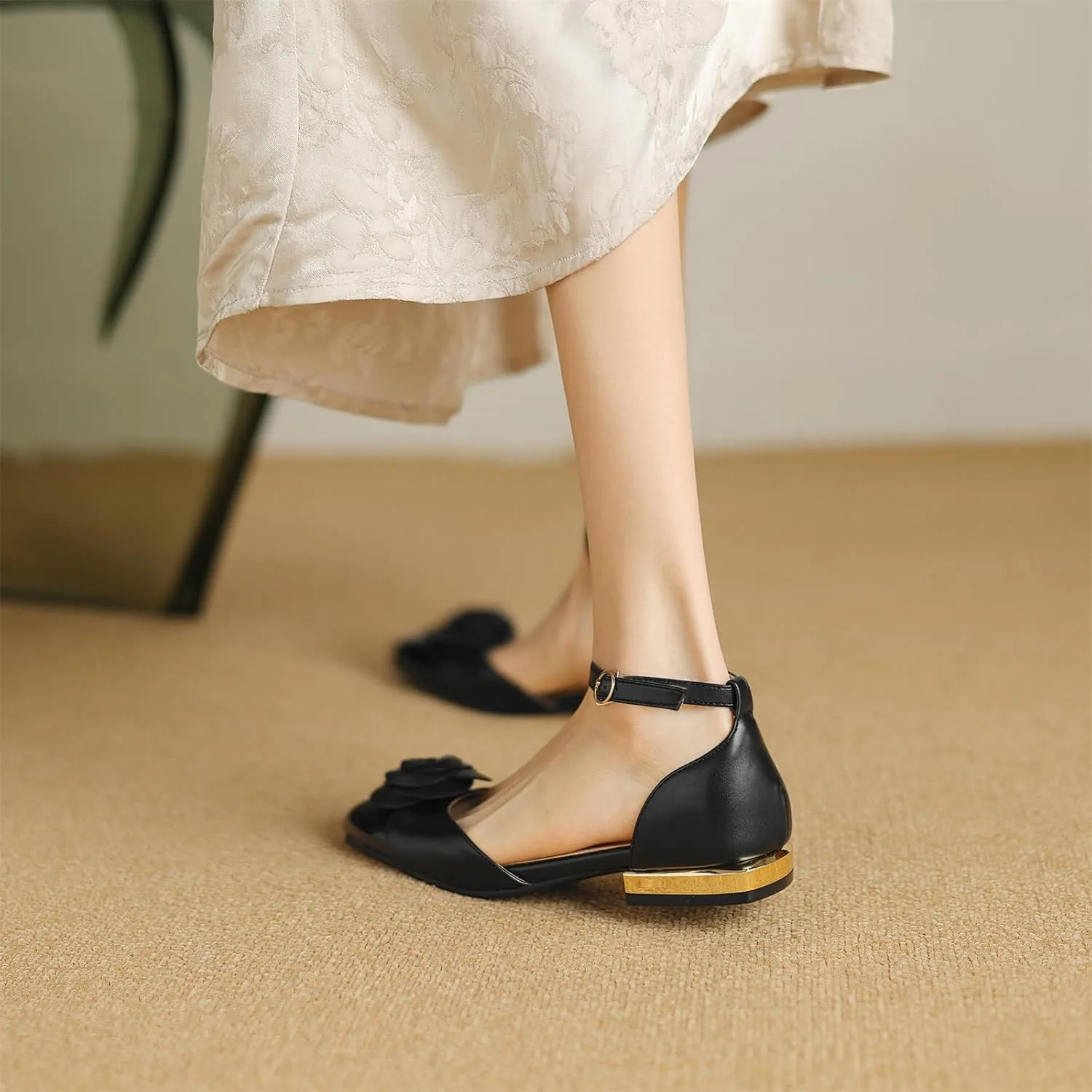 Women's Retro Flower Cap Round Closed Toe Pump Ankle Strap Chunky Low Block Heel Adjustable Buckle D'Orsay Classic Work Office Church Casual Comfort Dress Shoes Business Party Flats