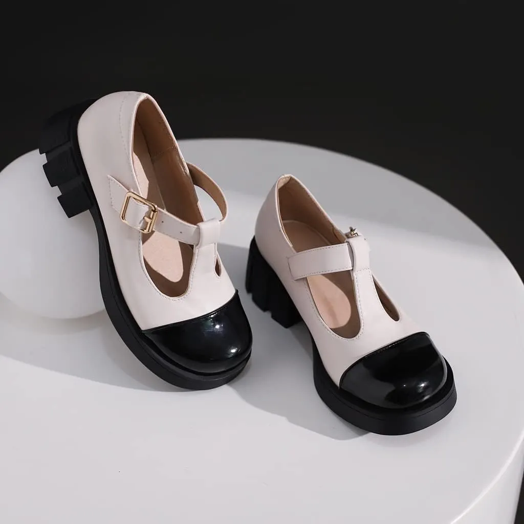 Women's Two Tone T-Strap Mary Jane Flats Loafers Vintage Round Toe Low Heel Girls Dress Oxford Shoes