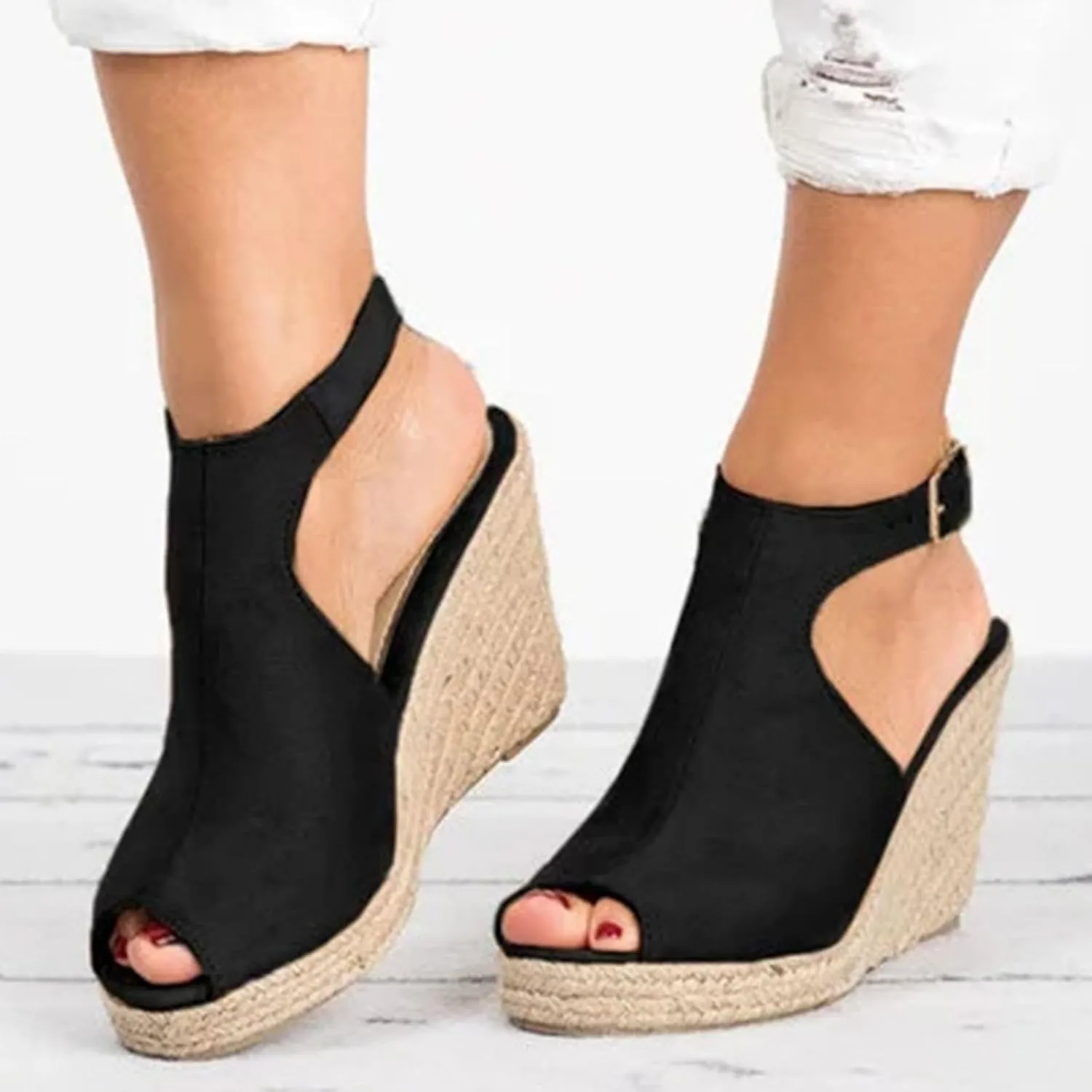 Women's Wedge Espadrille Sandals Peep Open Toe Ankle Strap Platform Dressy Casual Sandals Fashion Comfortable High Heeled Wedges Concise Summer Dress Shoes with Adjustable Buckle