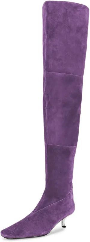 YDN Women's Chic Square Toe Knee High Boots Special Low Kitten Heels Side Zipper Comfy Lady Girls Winter Bootie Shoes Size 4-16 US