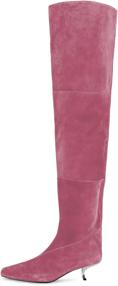 YDN Women's Chic Square Toe Knee High Boots Special Low Kitten Heels Side Zipper Comfy Lady Girls Winter Bootie Shoes Size 4-16 US