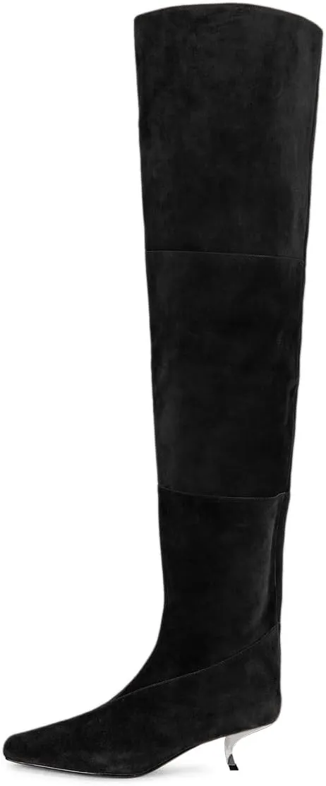 YDN Women's Chic Square Toe Knee High Boots Special Low Kitten Heels Side Zipper Comfy Lady Girls Winter Bootie Shoes Size 4-16 US