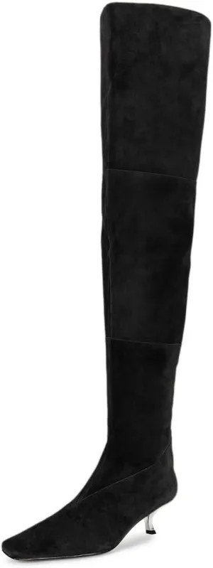 YDN Women's Chic Square Toe Knee High Boots Special Low Kitten Heels Side Zipper Comfy Lady Girls Winter Bootie Shoes Size 4-16 US