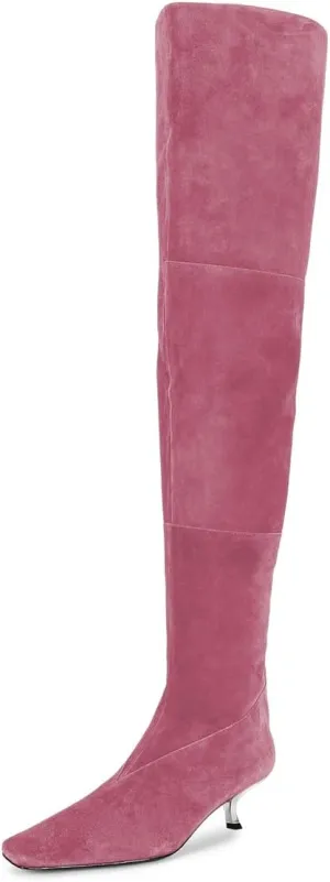 YDN Women's Chic Square Toe Knee High Boots Special Low Kitten Heels Side Zipper Comfy Lady Girls Winter Bootie Shoes Size 4-16 US