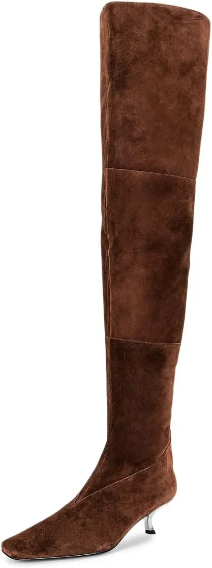 YDN Women's Chic Square Toe Knee High Boots Special Low Kitten Heels Side Zipper Comfy Lady Girls Winter Bootie Shoes Size 4-16 US