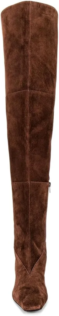 YDN Women's Chic Square Toe Knee High Boots Special Low Kitten Heels Side Zipper Comfy Lady Girls Winter Bootie Shoes Size 4-16 US