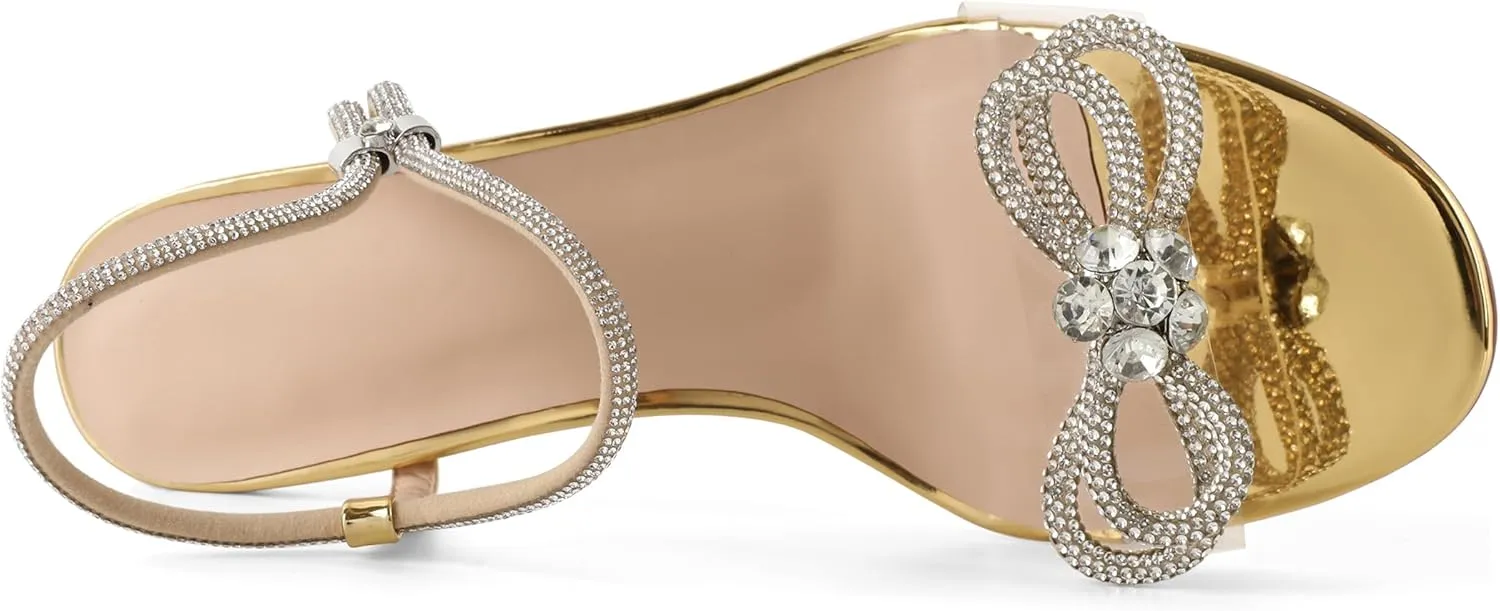 YODEKS Sparkly Rhinestone Bow Heels Women Clear Heels Sandals 2 Inch Low Heels Adjustable Ankle Strap Wedding Bridal Party Shoes