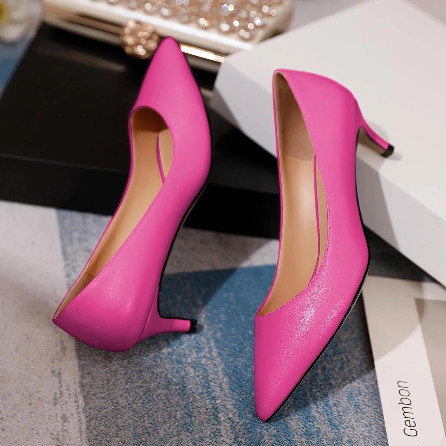 YODEKS Women's Pointed Toe Pumps 2" Kitten Middle Heel Chic Pumps Comfort Slip On Low Heel Dress Pumps Shoes