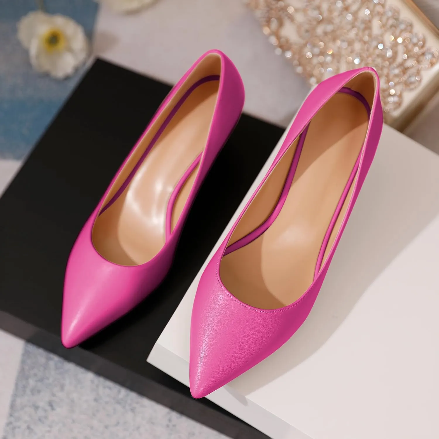 YODEKS Women's Pointed Toe Pumps 2" Kitten Middle Heel Chic Pumps Comfort Slip On Low Heel Dress Pumps Shoes